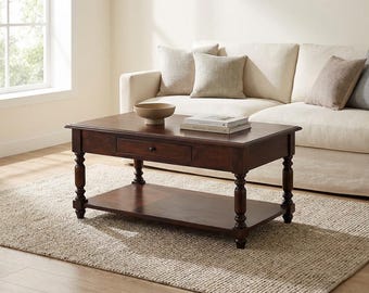 Turned Legs Cherry Coffee Table – Solid Mango Wood with Drawer & Shelf