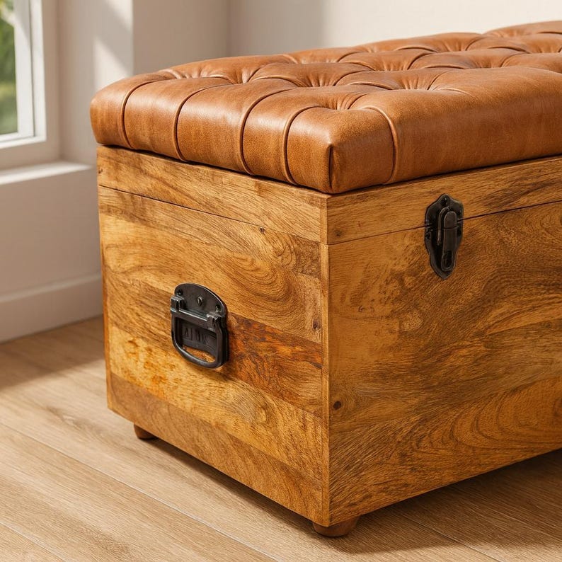 Handcrafted Mango Wood Storage Trunk: Buffalo Leather Seat image 3