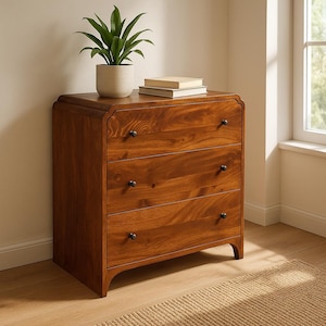 Solid Mango Wood 3-Drawer Dresser: Vintage Curved Detailing & Brass Knobs