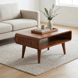 Handmade Solid Mango Wood Coffee Table: Open Storage, Chestnut Finish | Australia Stock