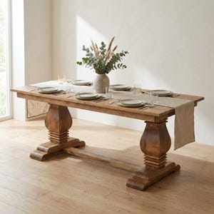 May include: A large, rectangular wooden dining table with a light brown finish. The table has two ornate pedestal bases and is set with plates, silverware, and glasses for six people. A beige runner and a vase of greenery complete the setting.
