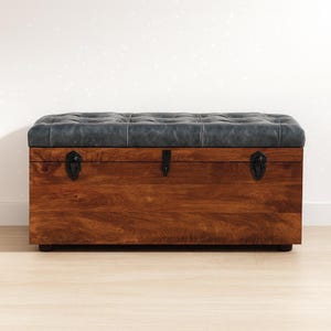 Handcrafted Mango Wood Storage Trunk: Buffalo Leather Seat Black Buffalo