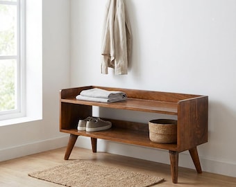 Solid Mango Wood Nordic Storage Bench: Entryway Shoe Rack | Canada Stock