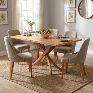May include: A light brown wooden dining table with a cross-base design, surrounded by four upholstered chairs. The table is set with plates, glasses, and a bowl of fruit. The room has a neutral color palette with a jute rug.