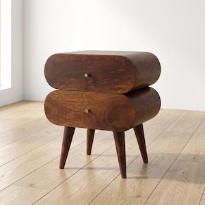 Bubble Chestnut Nightstand Table with Capsule-Style Drawers – Solid Mango Wood, Brass Knobs & Nordic Legs