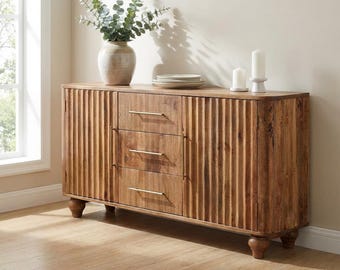 Aparador de madera maciza de mango – Gabinete buffet de teca dorada y fresno carbón