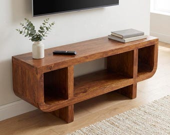 Curved Chestnut Media Unit – Solid Mango Wood TV Stand with Open Shelves | US Stock