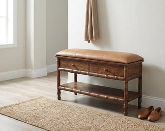 Storage Bench: Solid Mango Wood with Leather Seat (Bamboo Carved)