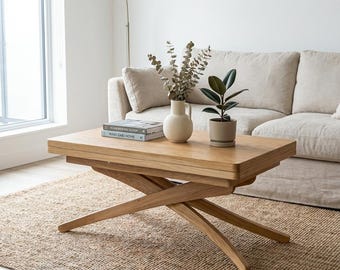 Adjustable Solid Oak Coffee Table: Lift-Top, Expandable (Modern Design)