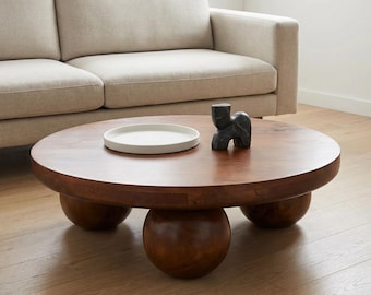 Round Coffee Table - Chestnut & Walnut Solid Mango Wood with Ball Legs