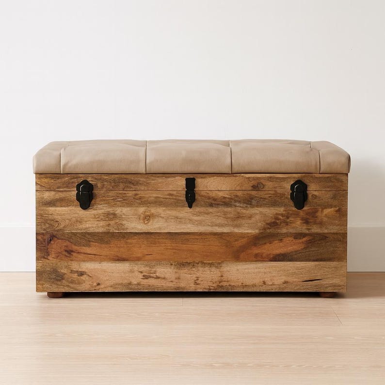 Handcrafted Mango Wood Storage Trunk: Buffalo Leather Seat Beige Buffalo