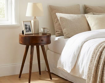Nordic Round Nightstand - Solid Mango Wood with Smooth Drawer | Canada Stock