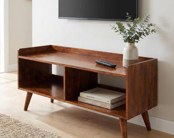 Open-Top Mango Wood TV Stand – Chestnut Finish, Nordic Legs, Modern Storage Console | US Stock