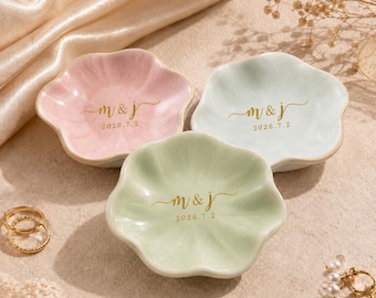 Personalized Engagement Ring Holder Dish, Custom Ceramic Trinket Tray for Future Mr and Mrs, Wedding Date Gift,Newly Engaged Couple Keepsake