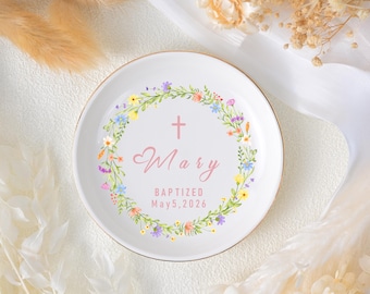 Personalized Baptism Ring Dish, Custom jewelry Tray, Dedication Gift for Girl, Ceramic Trinket Tray, Goddaughter Baptism Keepsake Gift