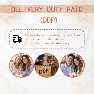 May include: Image with text "DELIVERY DUTY PAID (DDP)" and "We handle all customs formalities before your order ships - no surprises at delivery!". Includes images of people and a cat with a box labeled "DDP", and white plates.