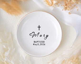 Personalized Baptism Ring Dish, Custom Baptism jewelry Tray, Ceramic Trinket Tray, Dedication Gift for Girl, Daughter Baptism Keepsake Gift