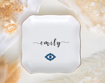 Personalized Evil Eye Ring Dish, Greek Wedding Gifts for Couple, Custom Jewelry Dish for Her, Evil Eye Engagement Gift, Memorial Gift