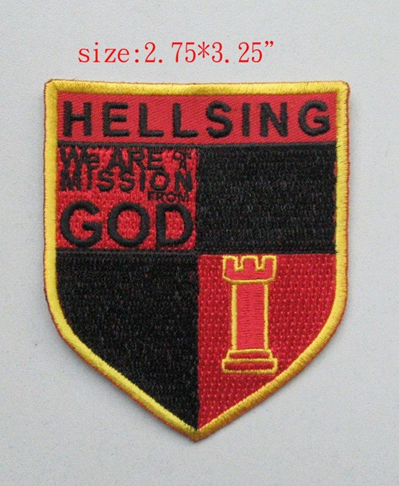 May include: A red and black embroidered patch with the words "Hellsing" and "We are on a mission from God" in black lettering. The patch also features a red tower with a yellow outline. The patch measures 2.75 inches by 3.25 inches.