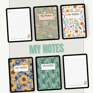 May include: Six notebooks with floral and sunflower designs. The notebooks have the text "My Notes" on the cover. Two notebooks have lined pages. The notebooks are in black frames. The text "Do everything in love - 1 Corinthians 16:14" is on one notebook.