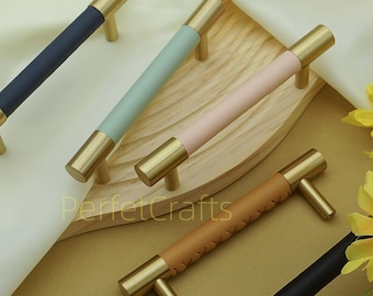 Tiradores de cuero para gabinetes: manijas de puerta de latón y coloridas, tiradores de cajón y perillas