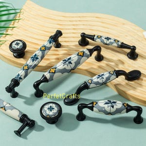 Flower Ceramic Kitchen Cabinet Handles - Black,White Drawer Knobs pulls ,Floral dresser knob