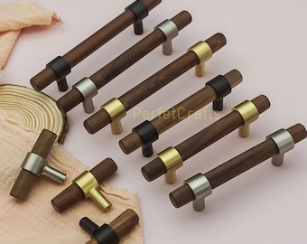 ウォールナット木製引き出し取っ手ノブ：真鍮ブラックニッケルアクセントキャビネットハンドル、木製ドア取っ手