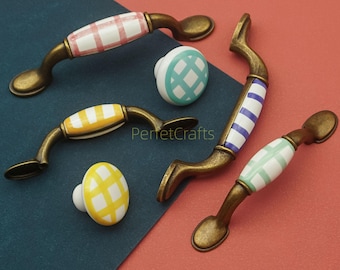 Pomello per cassettiera in ceramica: ferramenta per mobili in ottone anticato - rosa, giallo, blu, verde