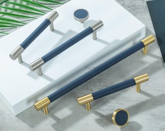 Tirador de pomo de cuero para gabinete con detalles de latón: tiradores de cajón rosa, verde y azul, tiradores de cocina