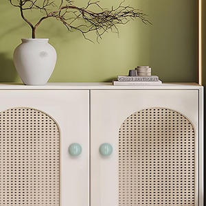 May include: A cream-coloured cabinet with two doors, each with a woven rattan panel in an arched design. The cabinet has two pale blue round knobs. A white vase with a branch sits on top, along with books and ornaments.