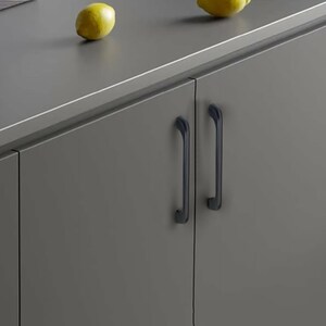 Op de afbeelding: Close-up van een grijze kast met twee zwarte, gebogen handgrepen. De kastdeuren zijn gesloten. Twee gele citroenen liggen op het grijze aanrechtblad boven de kast.