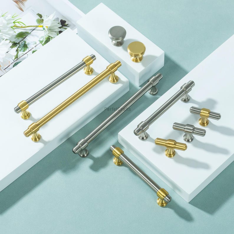 Poignées d'armoires en laiton massif, poignées de tiroir en nickel brossé, poignée de bouton de porte de cuisine unique image 4