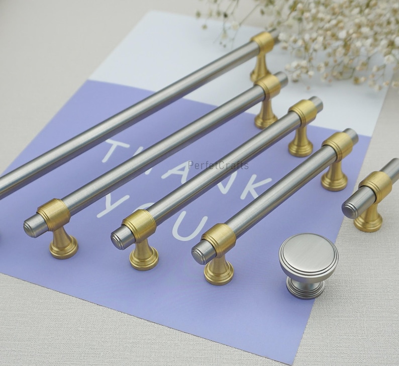 Poignées d'armoires en laiton massif, poignées de tiroir en nickel brossé, poignée de bouton de porte de cuisine unique image 1