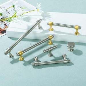 Poignées d'armoires en laiton massif, poignées de tiroir en nickel brossé, poignée de bouton de porte de cuisine unique image 3