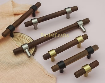 Natural Wood Drawer knobs Pulls: Brass Black Nickel Accent Cabinet Pull , Wooden door Handles