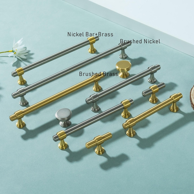 Poignées d'armoires en laiton massif, poignées de tiroir en nickel brossé, poignée de bouton de porte de cuisine unique image 2