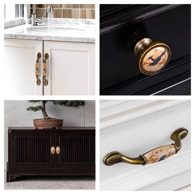 May include: A collection of decorative cabinet hardware featuring ceramic and metal designs. The hardware includes knobs and pulls with bird and floral motifs, in shades of gold, brown, and cream. The hardware is shown on white and black cabinets.