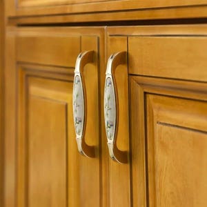 Pu&ograve; includere: Primo piano di due ante di armadi con ferramenta decorativa. Le ante dell'armadio sono in legno marrone chiaro. Ogni anta ha una maniglia curva con un motivo floreale su sfondo bianco e dettagli metallici color oro.