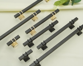 Puxadores de gaveta em preto e dourado: puxadores para armários, puxadores modernos para portas de cozinha.