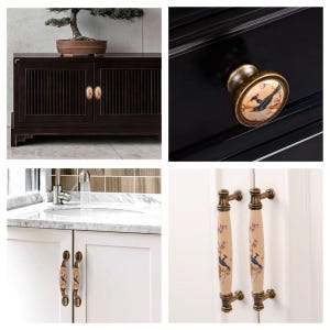 May include: A collection of cabinet hardware featuring decorative knobs and pulls. The knobs and pulls have a brass finish and ceramic inserts with bird and floral designs. The hardware is shown on dark wood and white cabinets.