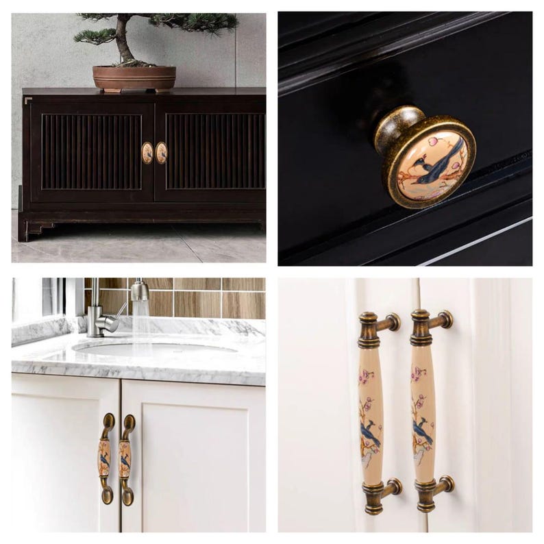 May include: A collection of cabinet hardware featuring decorative knobs and pulls. The knobs and pulls have a brass finish and ceramic inserts with bird and floral designs. The hardware is shown on dark wood and white cabinets.