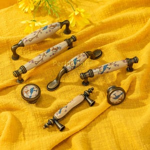 Ceramic Drawer Pulls knobs : Branch Bird Cabinet door handles , kitchen pulls hardware