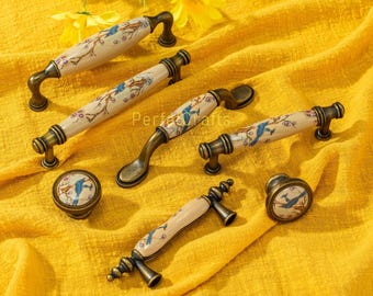 Ceramic Drawer Pulls knobs : Branch Bird Cabinet door handles , kitchen pulls hardware
