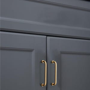 May include: Close-up of a section of a grey cabinet with two gold-coloured, curved bar handles. The cabinet doors are painted a solid grey colour. The handles are mounted vertically on the cabinet doors.