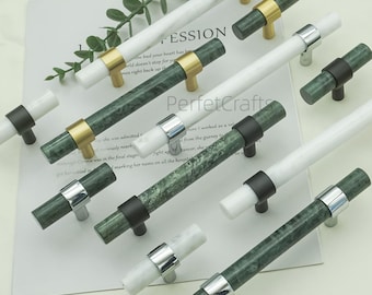 Green marble Cabinet pulls : White Marble  Drawer knobs  - Bathroom handles ,door Hardware