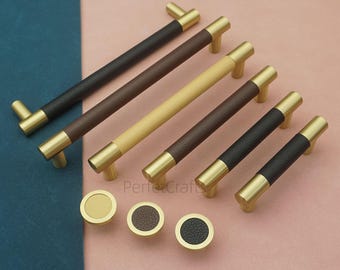 Tiradores de cuero negro para gabinetes: Tiradores de cajón con detalles de latón