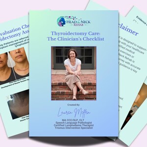 May include: A stack of light blue documents with text and images. The central document features a woman and the title "Thyroidectomy Care: The Clinician's Checklist." Other documents include medical information and the text "SLP Evaluation Checklist Thyroidectomy Ass."