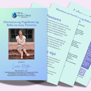 May include: A book cover and several pages with text in a light blue and white gradient. The cover features a photo of a woman and text in a blue font. The title is "Ehersisyo ng Pagtikom ng Baba na may Puwersa".