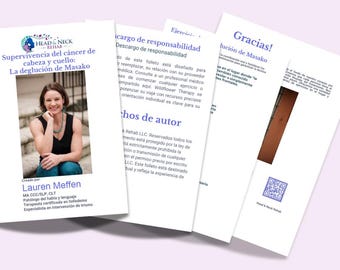 Puede incluir: Un conjunto de documentos impresos en blanco con texto en español. El documento superior presenta una foto de una mujer y el título "Supervivencia del cáncer de cabeza y cuello: La deglución de Masako."