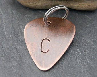 Personalized Guitar Pick Keychain, Add Your Initial (s), GUITAR PLAYER GIFT, Guitar Teacher Gift, Rustic Copper, Fast Shipping